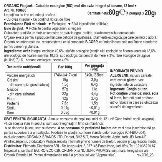 Cubulețe ecologice moi din ovăz integral și banane, 4x20g, 12+ luni