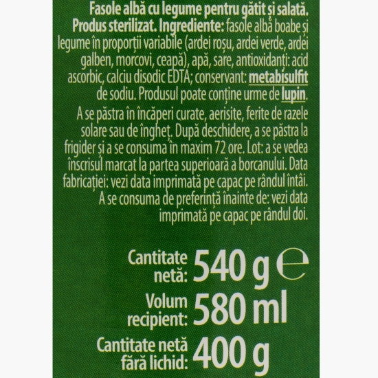 Fasole albă cu legume, în saramură, 540g