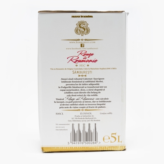 Vin roșu sec Rouge de Roumanie, Cabernet Sauvignon şi Merlot, 13.5%, bag in box 5l