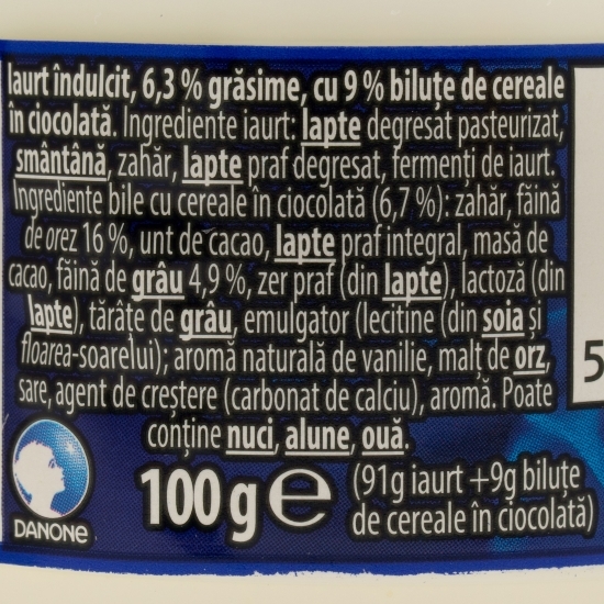 Iaurt Cremosso Duo 6.3% grăsime, cu biluțe de cereale în ciocolată 100g