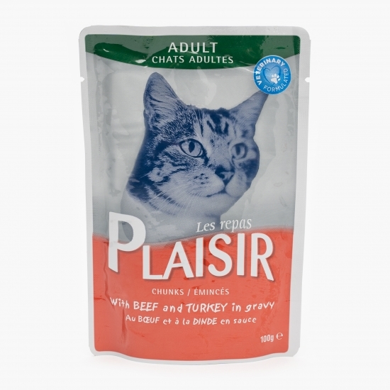 Hrană umedă pentru pisici adult, 100g, vită și curcan 