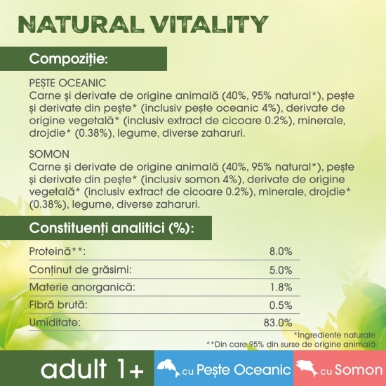 Hrană umedă pentru pisici, 6x50g, Natural Vitality  Adult 1+, cu pește oceanic și somon