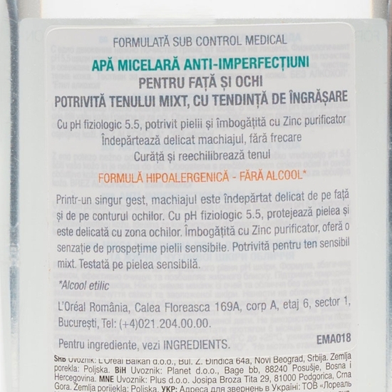 Apă micelară anti-imperfecțiuni pentru ten mixt, cu tendință de îngrășare 400ml