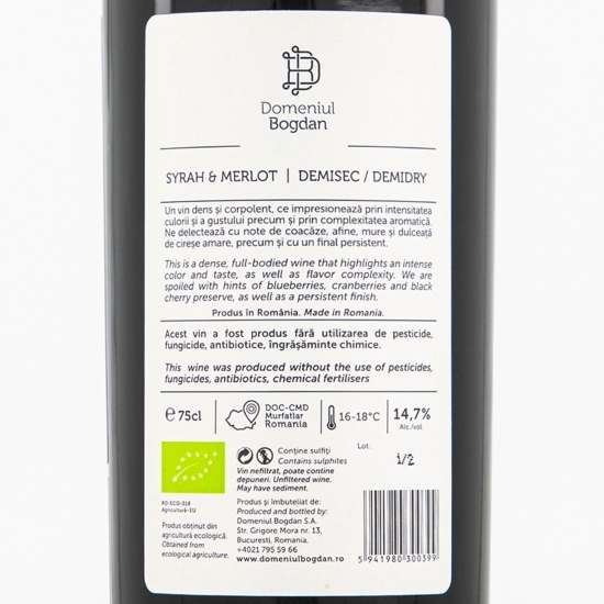 Vin roșu demisec eco Syrah & Merlot, 14.7%, 0.75l