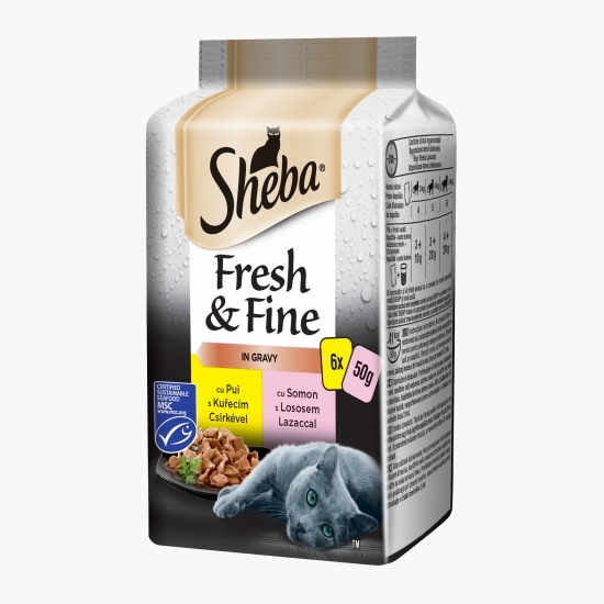 Hrană umedă pentru pisici adulte, 6x50g, cu pasăre și pește 