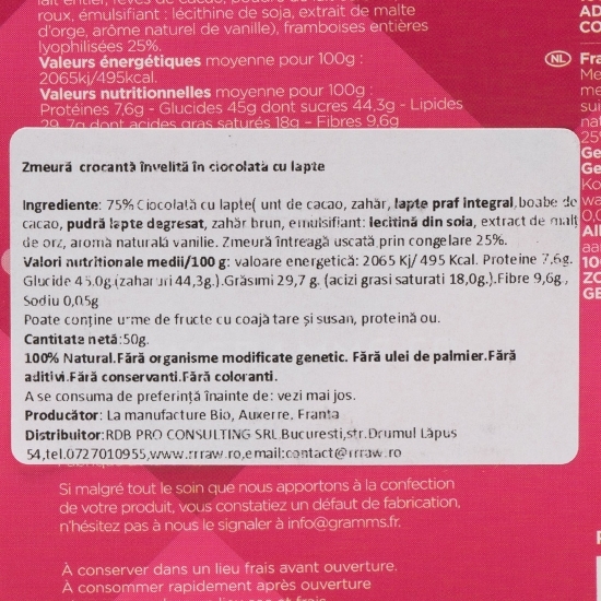 Zmeură liofilizată învelită în ciocolată cu lapte 50g