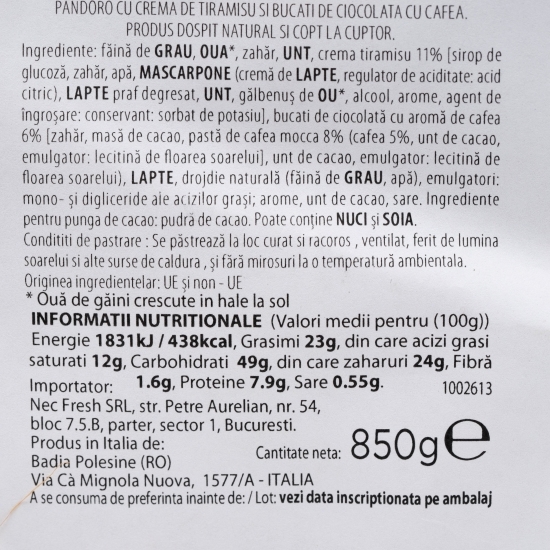 Pandoro cu bucăți de ciocolată cu cafea 850g