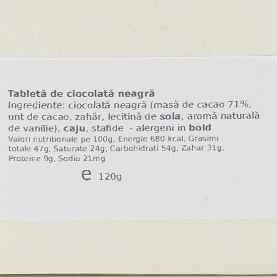 Ciocolată 71% cu caju și stafide 120g