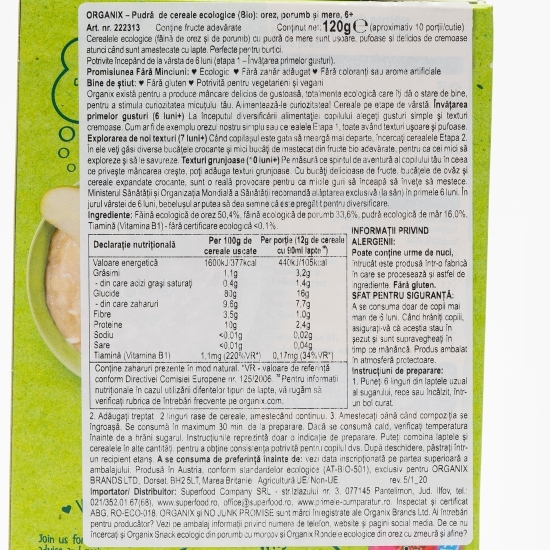 Pudră de cereale eco orez, porumb și mere, 6+ luni, 120g