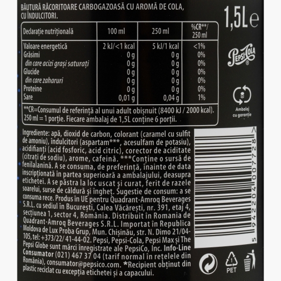 Băutură carbogazoasă aromă de cola Zero Zahăr 1.5l