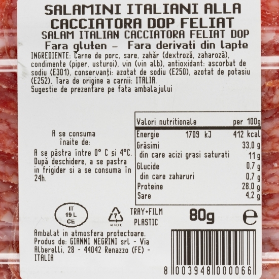 Salam italian Cacciatora în stil vânătoresc, feliat, DOP 80g