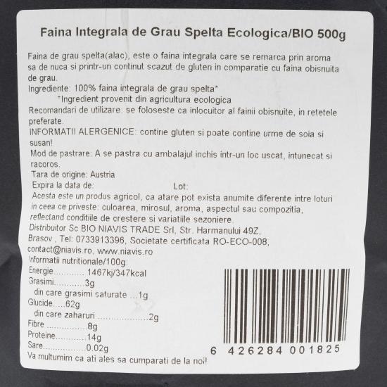 Făină integrală de grâu spelta ecologică 500g