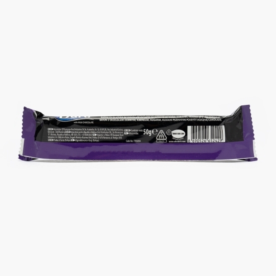 Baton cu glazură de ciocolată cu lapte cu interior de nuga, caramel, arahide și grâu expandat 50g