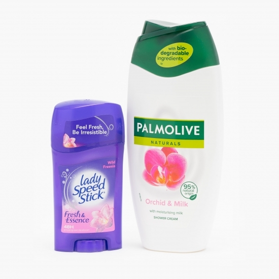 Set cadou gel de duș Naturals Orchid & Milk 250 ml + deodorant solid Wild Fresia 45 g
