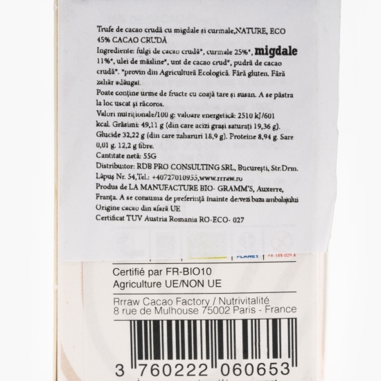 Trufe de cacao crudă cu migdale și curmale eco Nature 55g