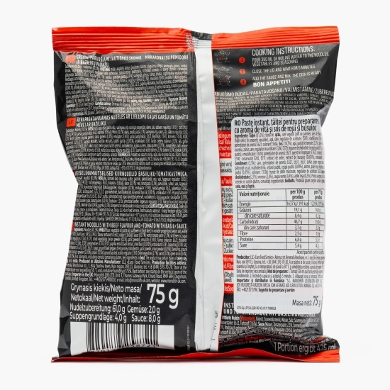 Tăiței cu aromă de vită, cu sos de roșii și busuioc, pungă 75 g