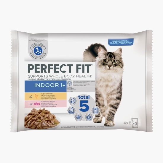 Hrană umedă pentru pisici de interior adulte 4 x 85g, selecții de carne în sos 