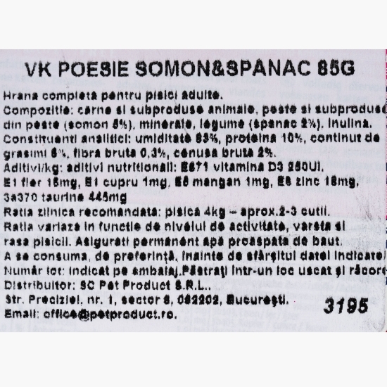 Hrană umedă pentru pisici Poesie, 85g, cu somon și spanac