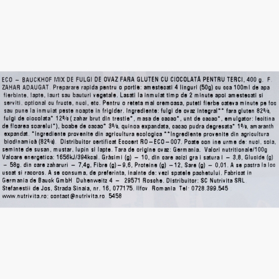 Terci (porridge) de ovăz eco cu ciocolată, fără gluten 400g