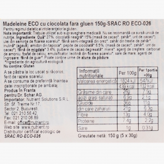Madeleine eco ciocolată fără gluten 150g