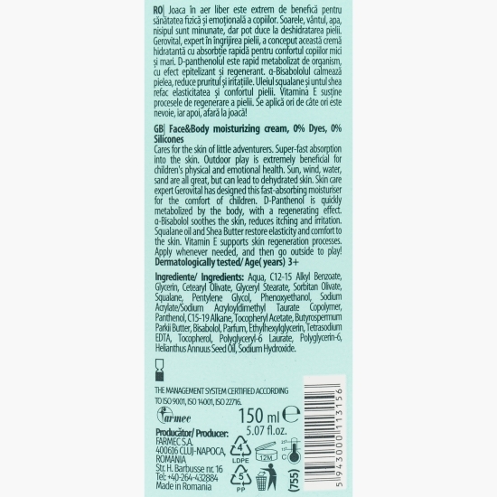 Cremă pentru copii hidratantă față și corp 3+ ani, 150ml