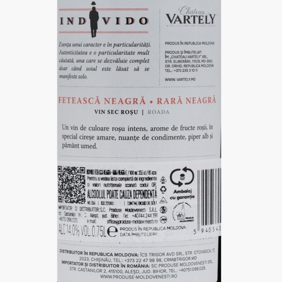 Vin roșu sec Individo Fetească Neagră & Rară Neagră, 14%, 0.75l 