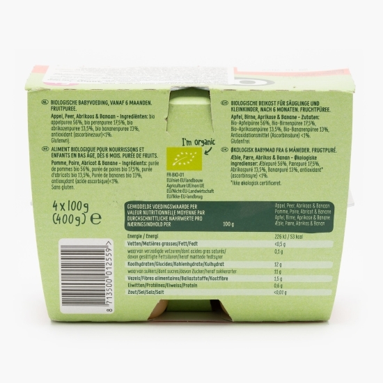 Piure ecologic de mere, pere, caise și banane 6+ luni 400g