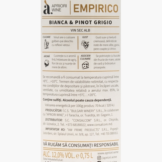 Vin alb sec Bianca, Pinot Grigio, 12.5%, 0.75l