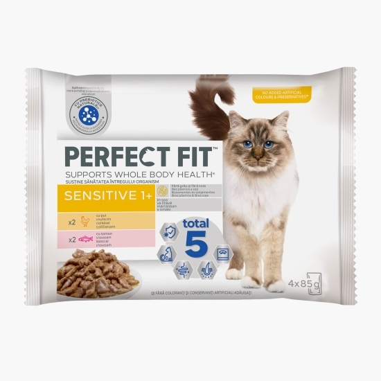 Hrană umedă pentru pisici sensibile adulte 4 x 85g, cu pui și somon în sos