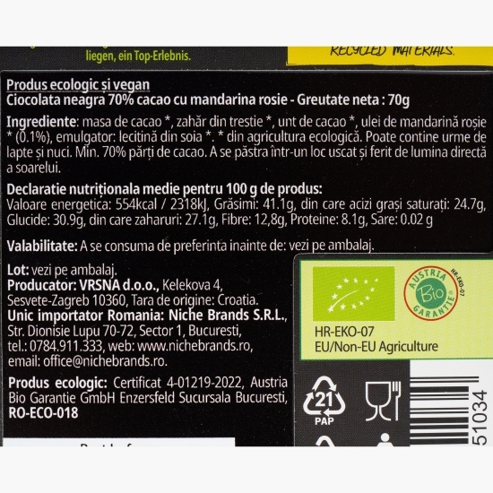 Ciocolată neagră eco, cu mandarină roșie, fără gluten 70g