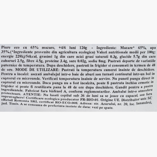 Piure eco cu 65% mazăre, +4/6 luni, 120g