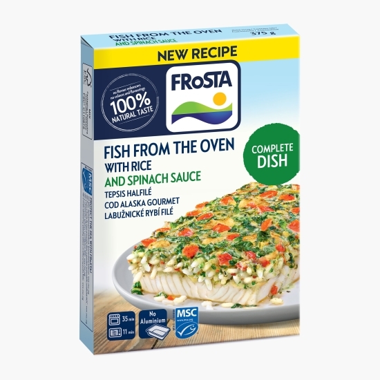 Pește la cuptor cu orez și sos de spanac 375g