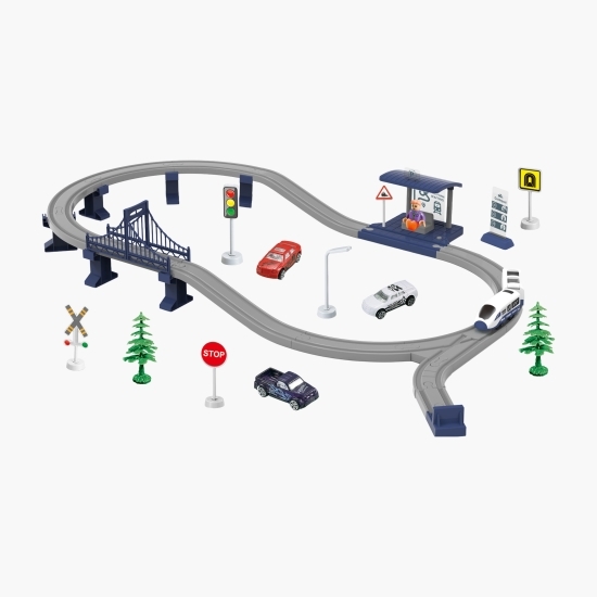 Circuit tren electric cu lumini și sunete City Rail cu accesorii, 62 piese, albastru