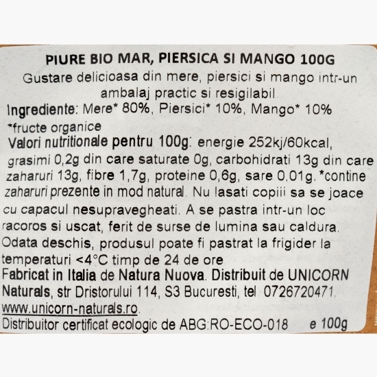 Piure eco din măr, piersică și mango, pentru copii, 100g