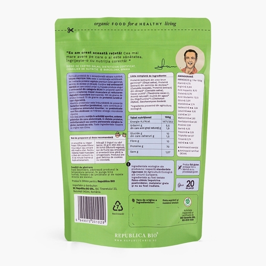 Pulbere proteică ecologică Vegan Protein 70%, cu gust de cookies cu ciocolată, 500g