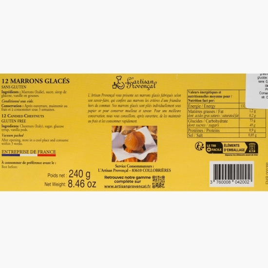 Castane întregi glasate și confiate în cutie din lemn, 12 buc, 240g