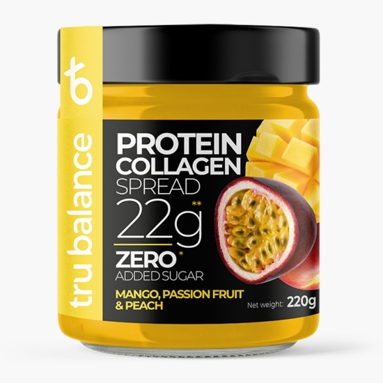 Pastă tartinabilă din mango, fructul pasiunii și piersică, cu proteină și colagen, fără zahăr adăugat 220g