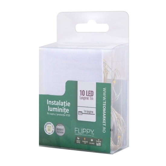 Instalație Crăciun, 1 metru, 10 LED-uri, alb cald, cu baterii