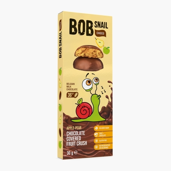 Dulciuri naturale fără zahăr din mere și pere trase în ciocolată cu lapte belgiană 30g