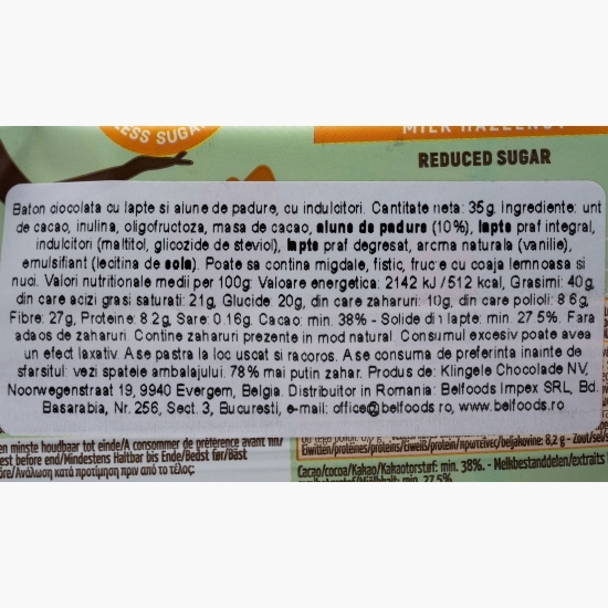 Baton ciocolată cu lapte și alune de pădure, fără zahăr adăugat 35g