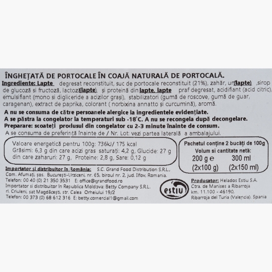 Înghețată de portocale în coajă de portocală 2x150ml (2x100g)