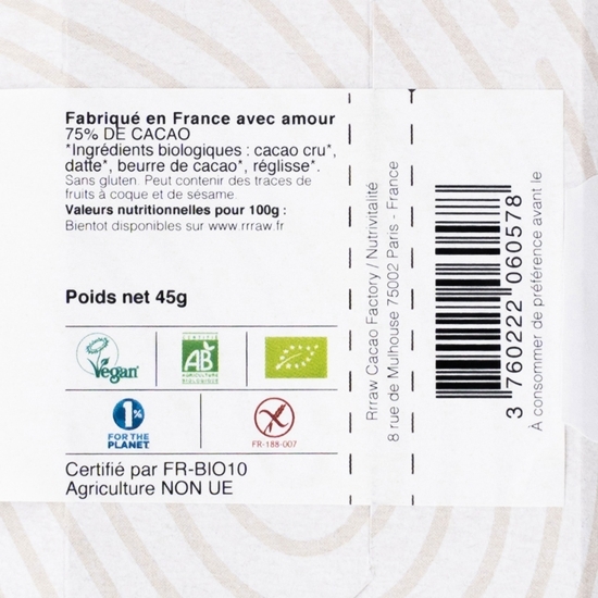 Tabletă de cacao crudă cu lemn dulce și curmale eco 45g