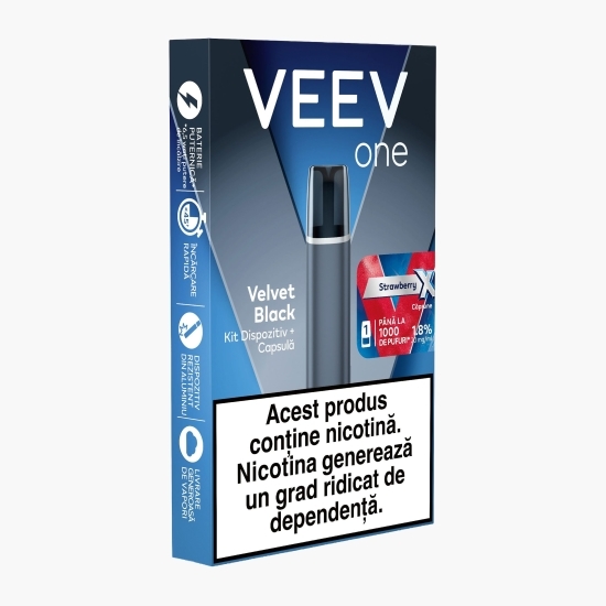 Kit dispozitiv + capsulă pentru țigară electronică Velvet Black Strawberry X 1.8%, 20mg/ml nicotină, 1000 puffs
