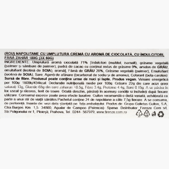 Napolitane cu umplutură cremă cu aromă de ciocolată, fără zahăr adăugat 180g