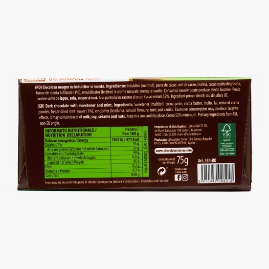 Ciocolată neagră cu mentă, fără zahăr adăugat 75g