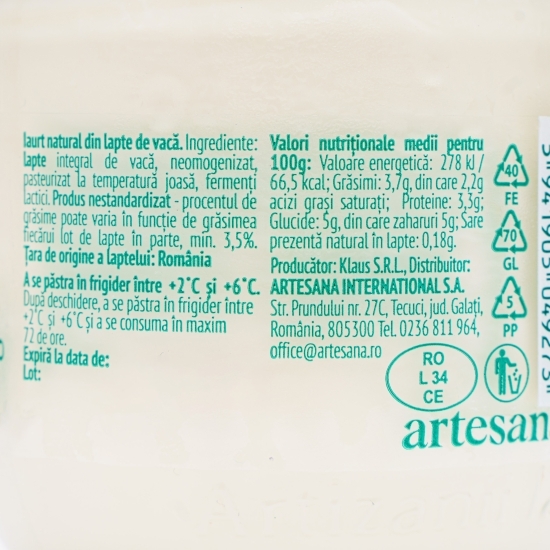 Iaurt natural din lapte de vacă 320g