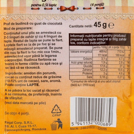 Praf de budincă cu gust de ciocolată 45g