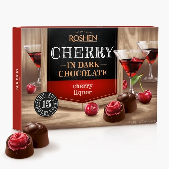 Bomboane de ciocolată neagră cu lichior și vișine 155g