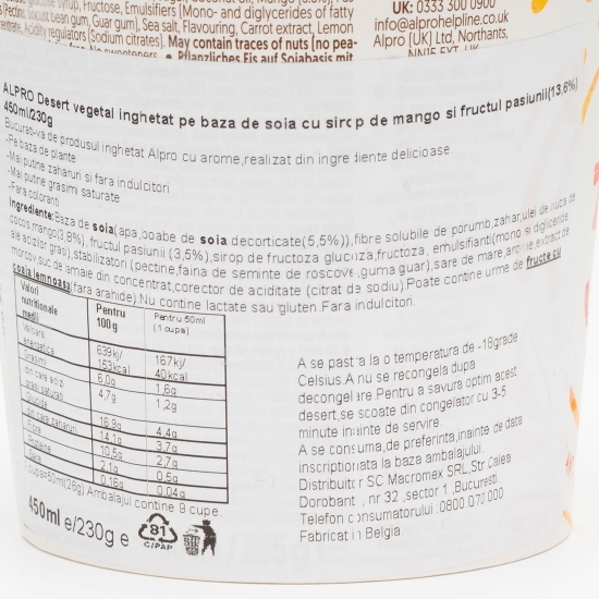 Înghețată pe bază de soia cu sirop de mango și fructul pasiunii 235g