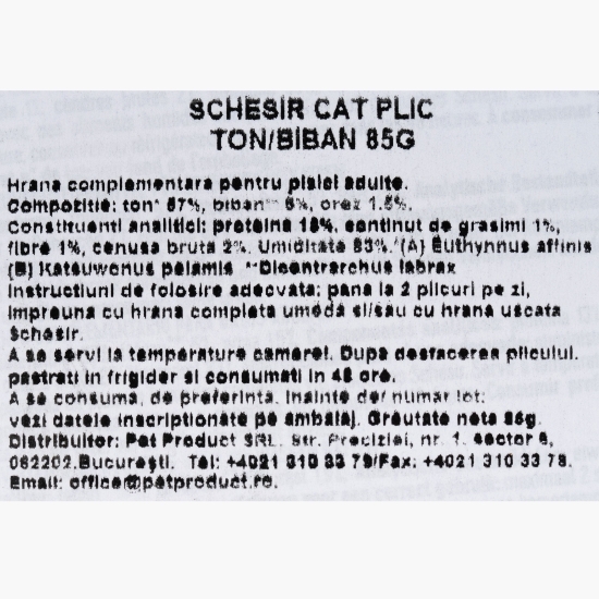 Hrană umedă pentru pisici, 85g, cu ton și biban